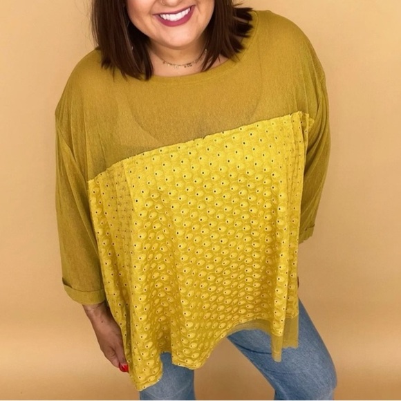 Oli & Hali Tops - Oli & Hali Size M/L Mustard Sheer Layered Eyelet Top Boho Oversized Tunic